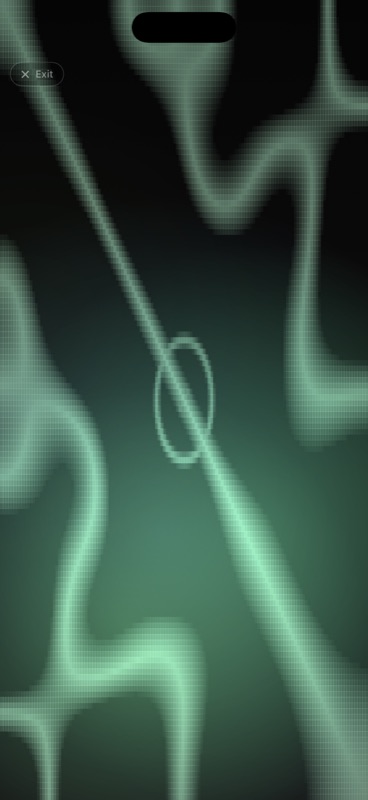 Drone Meditations on iPhone showing the live Chladni pattern in Performance mode — a circular nodal ring intersected by a diagonal line on a green field