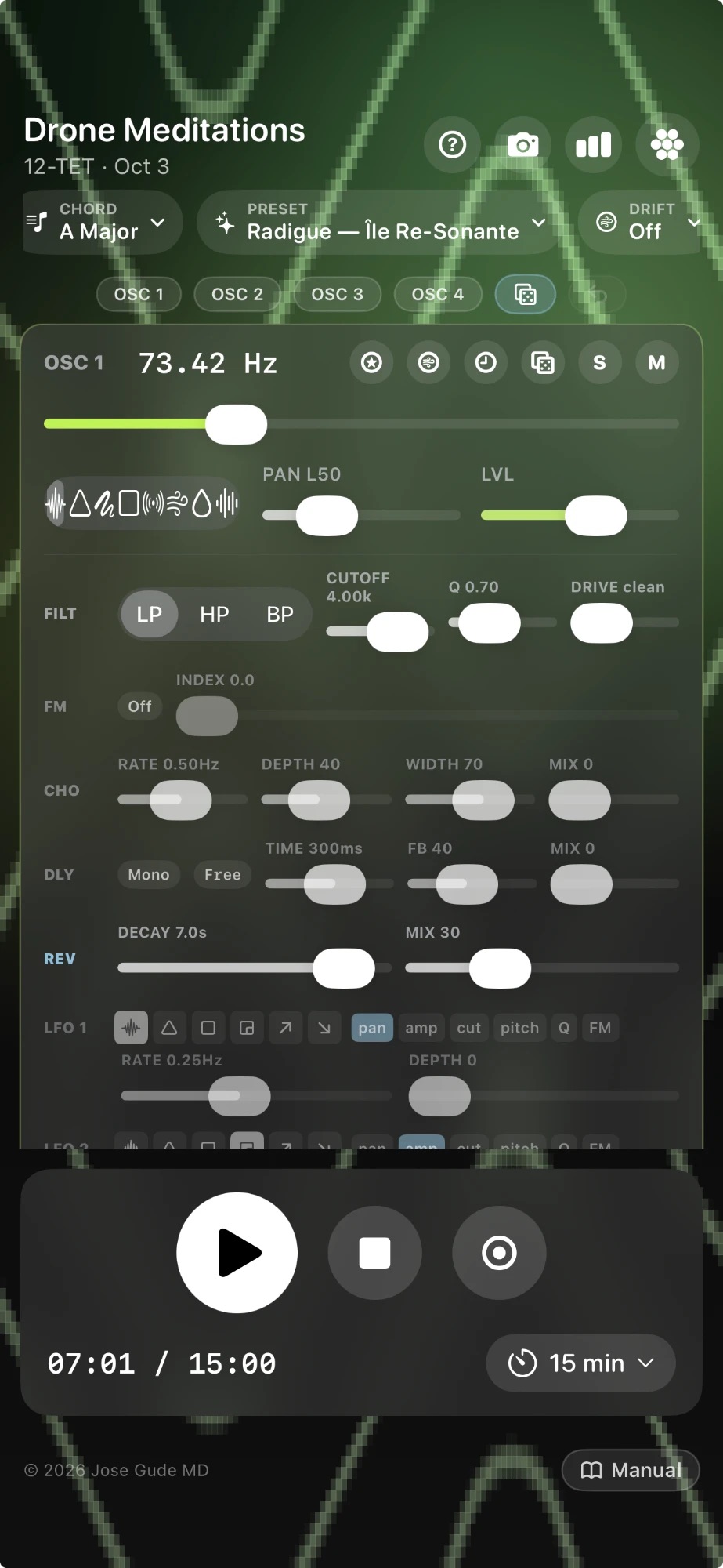 Drone Meditations main screen on iPhone — header with help / camera / spectrum / cymatics icons, CHORD · PRESET · DRIFT pill row, then the OSC 1 · OSC 2 · OSC 3 · OSC 4 row ending in a 🎲 randomize-all dice plus a faint disabled ↶ undo, oscillator 1 strip with waveform icons / PAN / LVL / FILT (LP HP BP, CUTOFF, Q, DRIVE) / FM / CHO / DLY / REV / LFO 1 row with shape icons and a target row (pan, amp, cut, pitch, Q, FM) showing PAN highlighted to demo a multi-target LFO, then the play-stop-record transport with 07:01 / 15:00 timer and the © 2026 Jose Gude MD · Manual link at the bottom