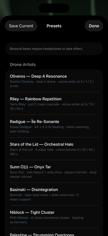 The preset picker sheet listing categories: Drone Artists, Binaural, Natural Resonance, Cymatics, Mystic, Solfeggio — with named entries underneath