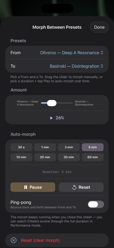 The Morph sheet showing From and To preset dropdowns, a 0–100% slider, and an Auto-morph panel with duration choices and Play / Pause / Reset buttons