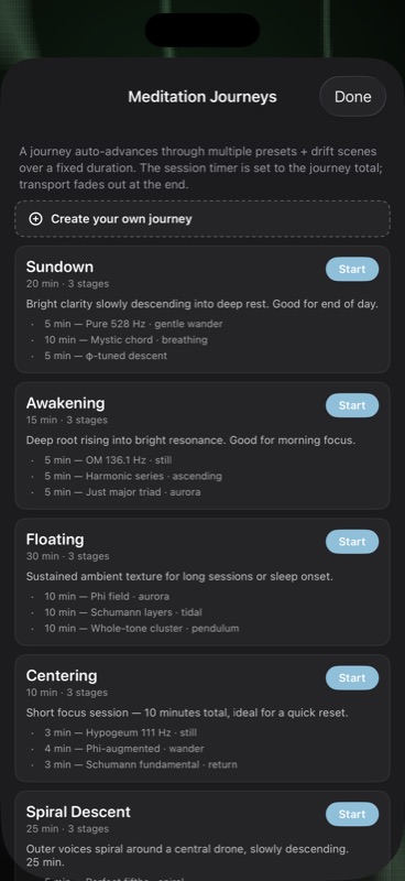 The Journey picker sheet showing General, Drone Artists, and Your Journeys sections with named multi-stage timed meditation sequences
