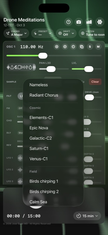 The bundled samples picker showing categories Atmospheric, Cosmic, Field, Instruments, Urban with named audio files underneath each