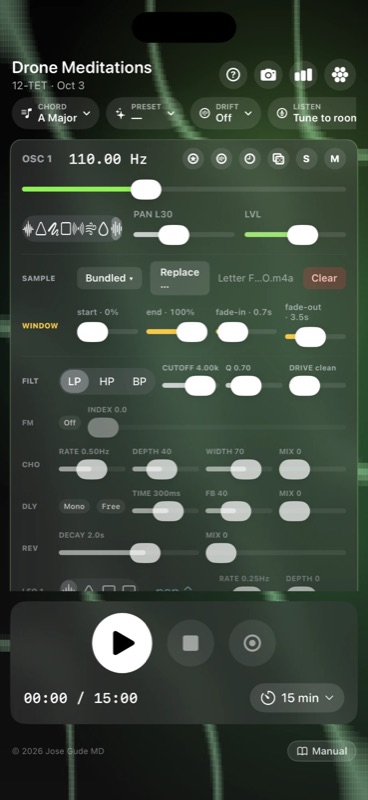 Oscillator strip after loading a sample — the SAMPLE row shows the bundled filename and a Clear button, and the amber WINDOW row below it has four sliders labelled start · 0%, end · 100%, fade-in · 0.7s, and fade-out · 3.5s