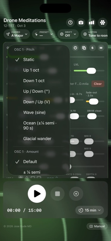 The per-voice drift menu open on OSC 1 — top section labelled OSC 1 · Pitch lists Static (checked), Up 1 oct, Down 1 oct, Up/Down, Down/Up, Wave (sine), Ocean (±¼ semi · 90 s), Glacial wander; below it a second section labelled OSC 1 · Amount lists Default (checked) and ± ¼ semi