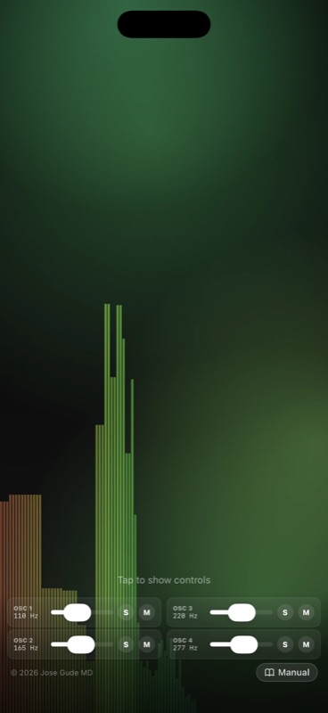 Spectrum analyzer overlay on iPhone — a tall green bar graph in the middle of the screen shows the live frequency content of the master bus over the Chladni background, with the mini-osc strip and the Manual capsule visible at the bottom